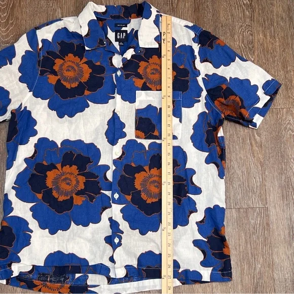 GAP Linen Cotton Floral Camp Collar Button Down Shirt Blue Orange | Size: L - Picture 3 of 7